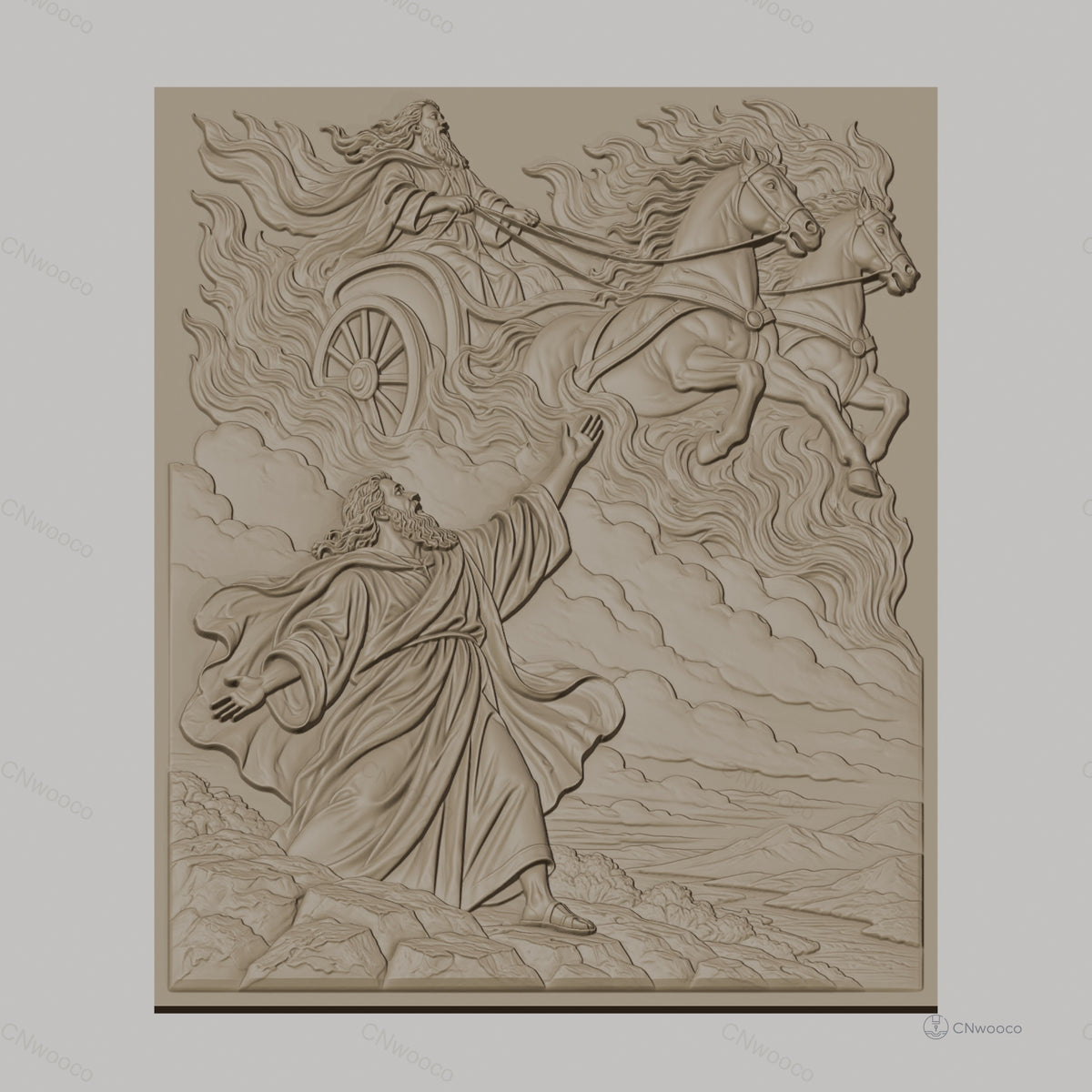 Fichier CNC & impression 3D scène biblique, prophète et char céleste avec chevaux, haute qualité relief STL