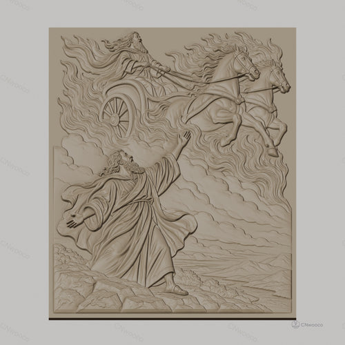 Fichier CNC & impression 3D scène biblique, prophète et char céleste avec chevaux, haute qualité relief STL
