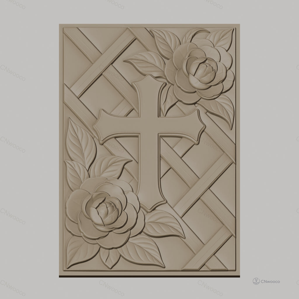 Fichier CNC & impression 3D Croix et roses avec motif treillis, haute qualité relief STL