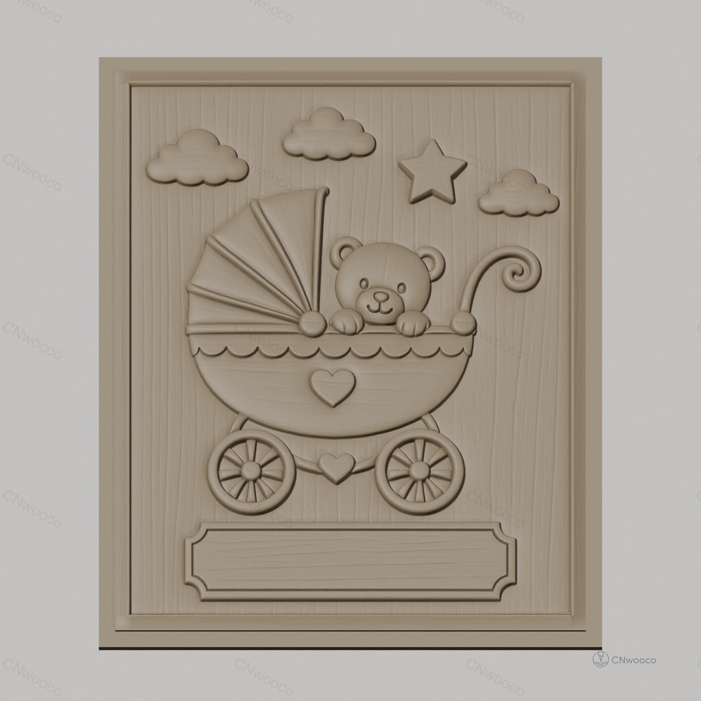 Fichier CNC & impression 3D bébé ours dans landau, nuages, étoile haute qualité relief STL