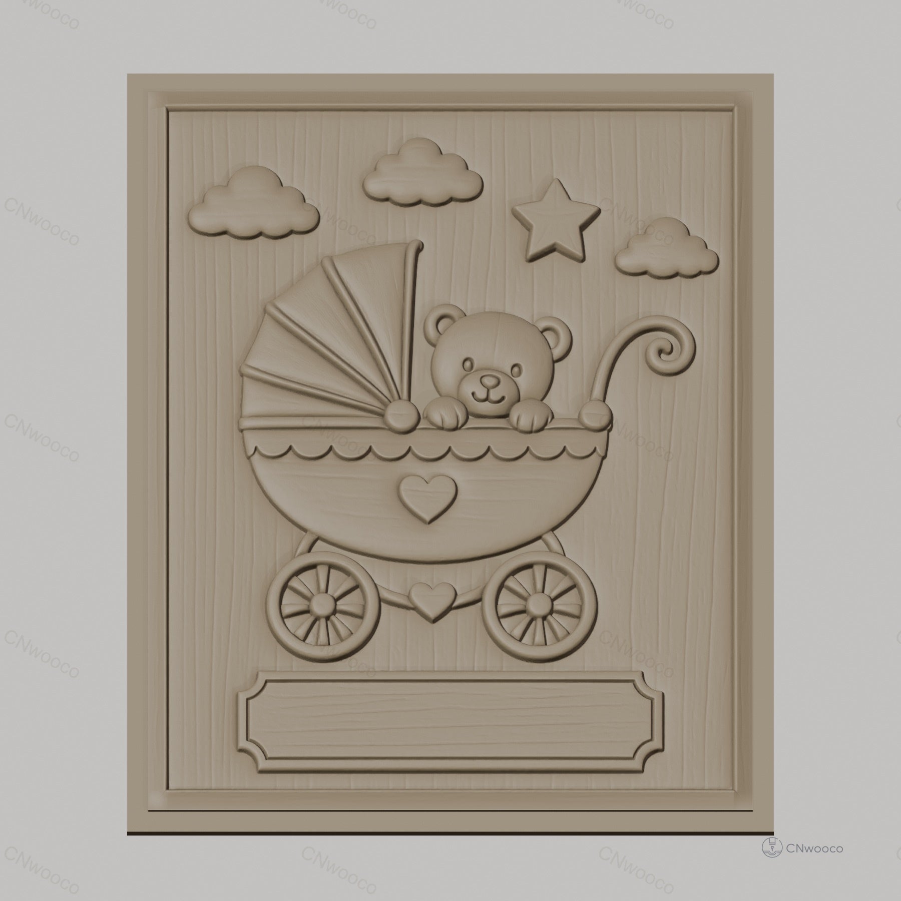 Fichier CNC & impression 3D bébé ours dans landau, nuages, étoile haute qualité relief STL