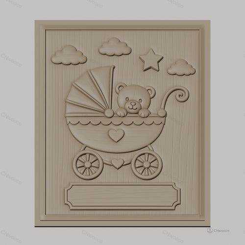 Fichier CNC & impression 3D bébé ours dans landau, nuages, étoile haute qualité relief STL