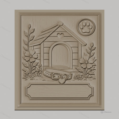 Fichier CNC & impression 3D niche de chien, collier, fleurs et empreinte, haute qualité relief STL