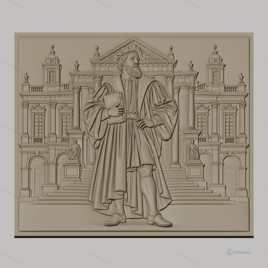 Fichier CNC & impression 3D explorateur Renaissance, homme en habit d'époque et architecture classique, haute qualité relief STL