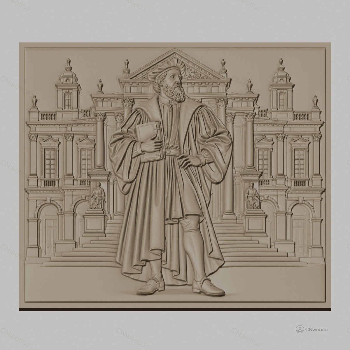 Fichier CNC & impression 3D explorateur Renaissance, homme en habit d'époque et architecture classique, haute qualité relief STL