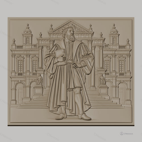 Fichier CNC & impression 3D explorateur Renaissance, homme en habit d'époque et architecture classique, haute qualité relief STL