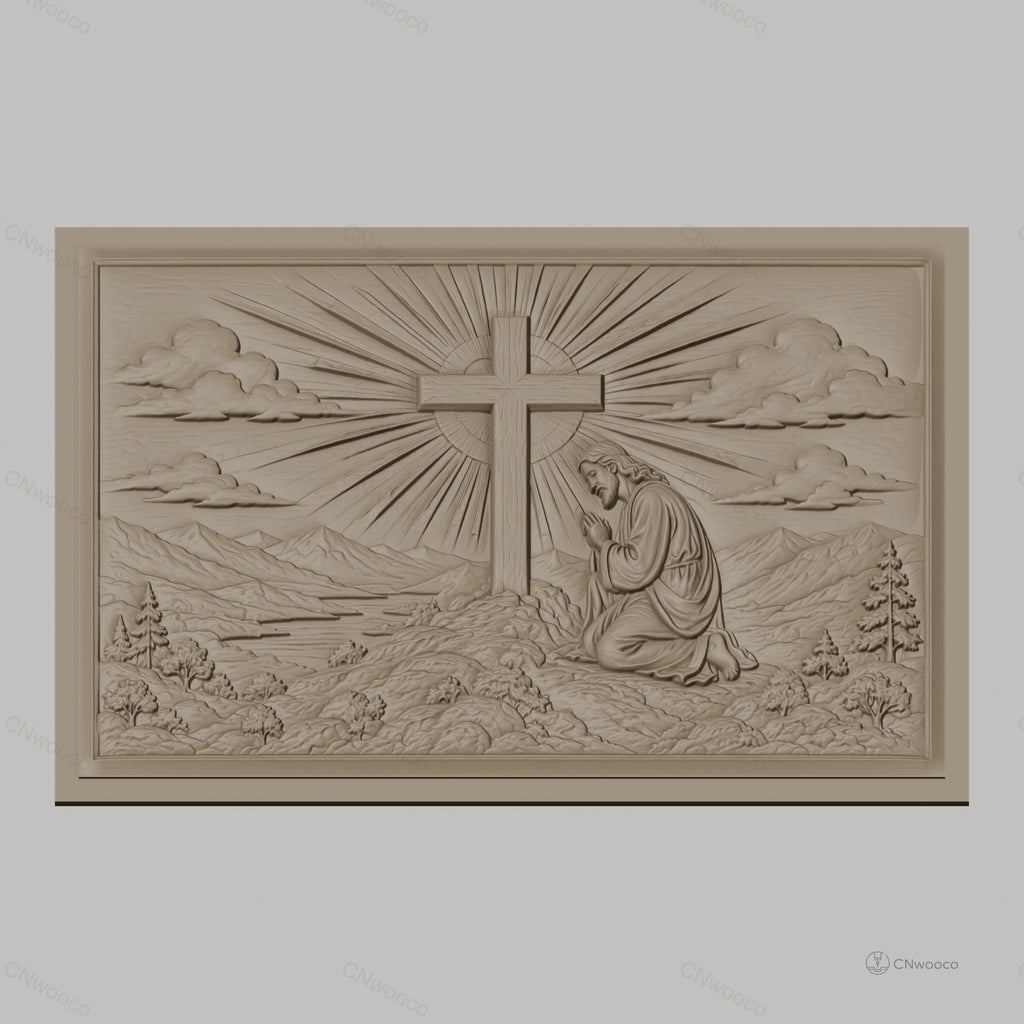 Fichier CNC & impression 3D Jésus priant devant la croix, paysage montagneux et rayons de lumière, haute qualité relief STL