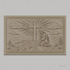 Fichier CNC & impression 3D Jésus priant devant la croix, paysage montagneux et rayons de lumière, haute qualité relief STL