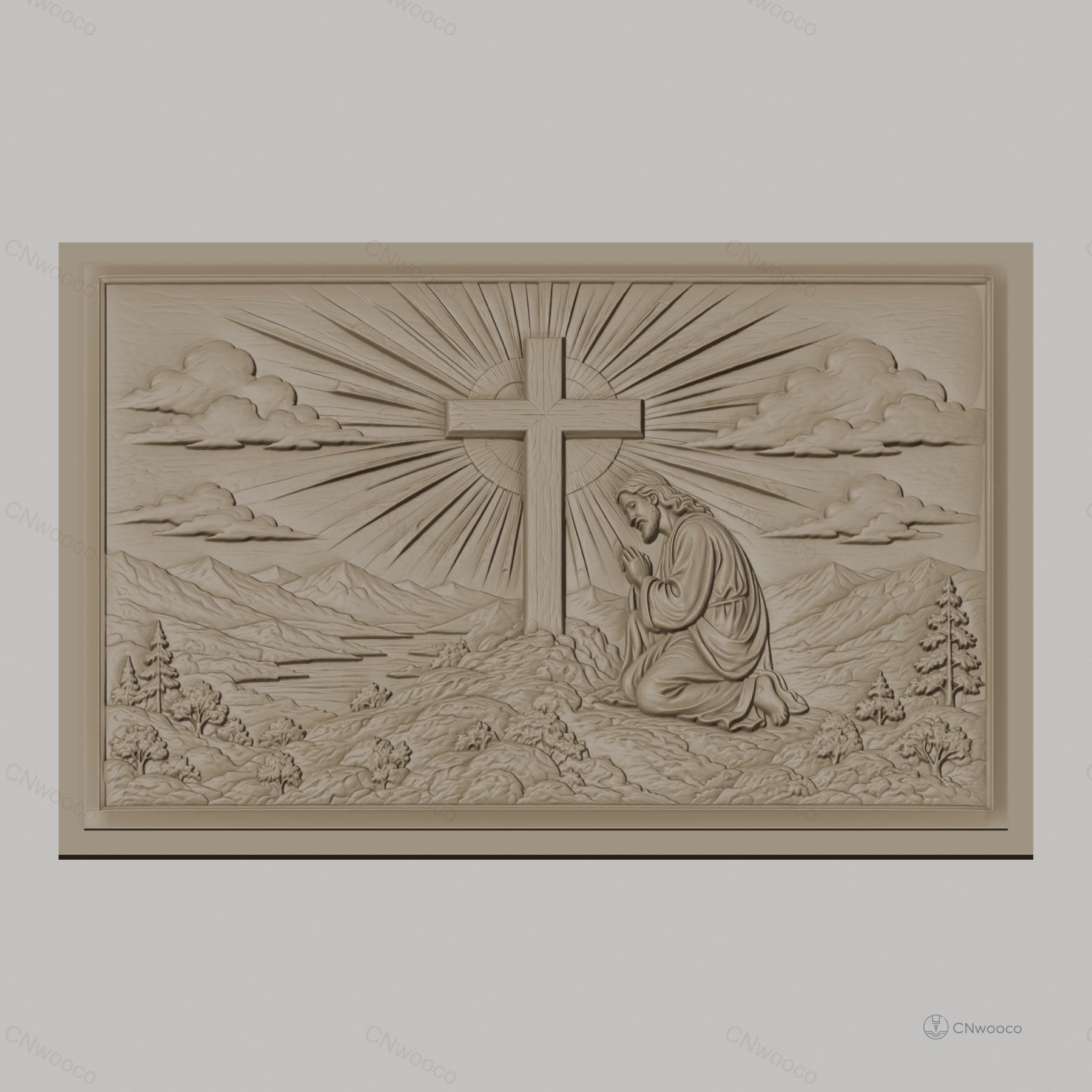 Fichier CNC & impression 3D Jésus priant devant la croix, paysage montagneux et rayons de lumière, haute qualité relief STL