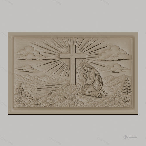 Fichier CNC & impression 3D Jésus priant devant la croix, paysage montagneux et rayons de lumière, haute qualité relief STL
