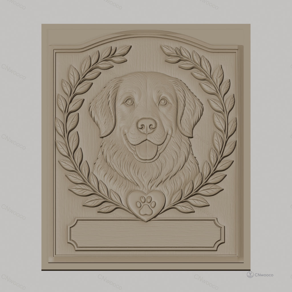 Fichier CNC & impression 3D chien Golden Retriever, couronnes de feuilles et cœur patte, haute qualité relief STL