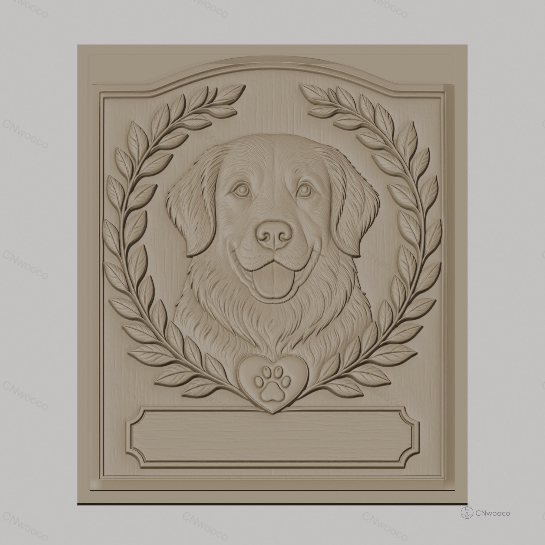 Fichier CNC & impression 3D chien Golden Retriever, couronnes de feuilles et cœur patte, haute qualité relief STL