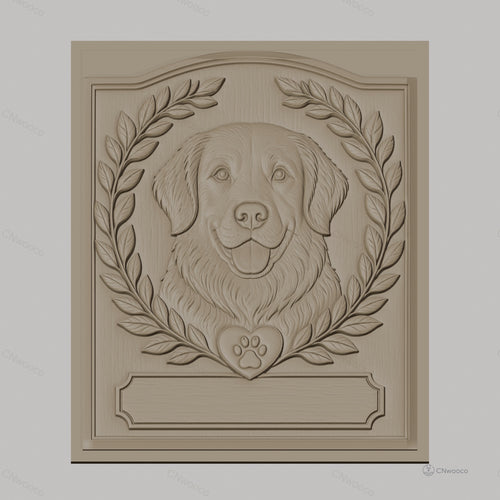 Fichier CNC & impression 3D chien Golden Retriever, couronnes de feuilles et cœur patte, haute qualité relief STL