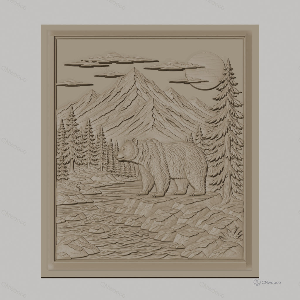 Fichier CNC & impression 3D nature sauvage, ours, rivière, montagnes, pins, haute qualité relief STL