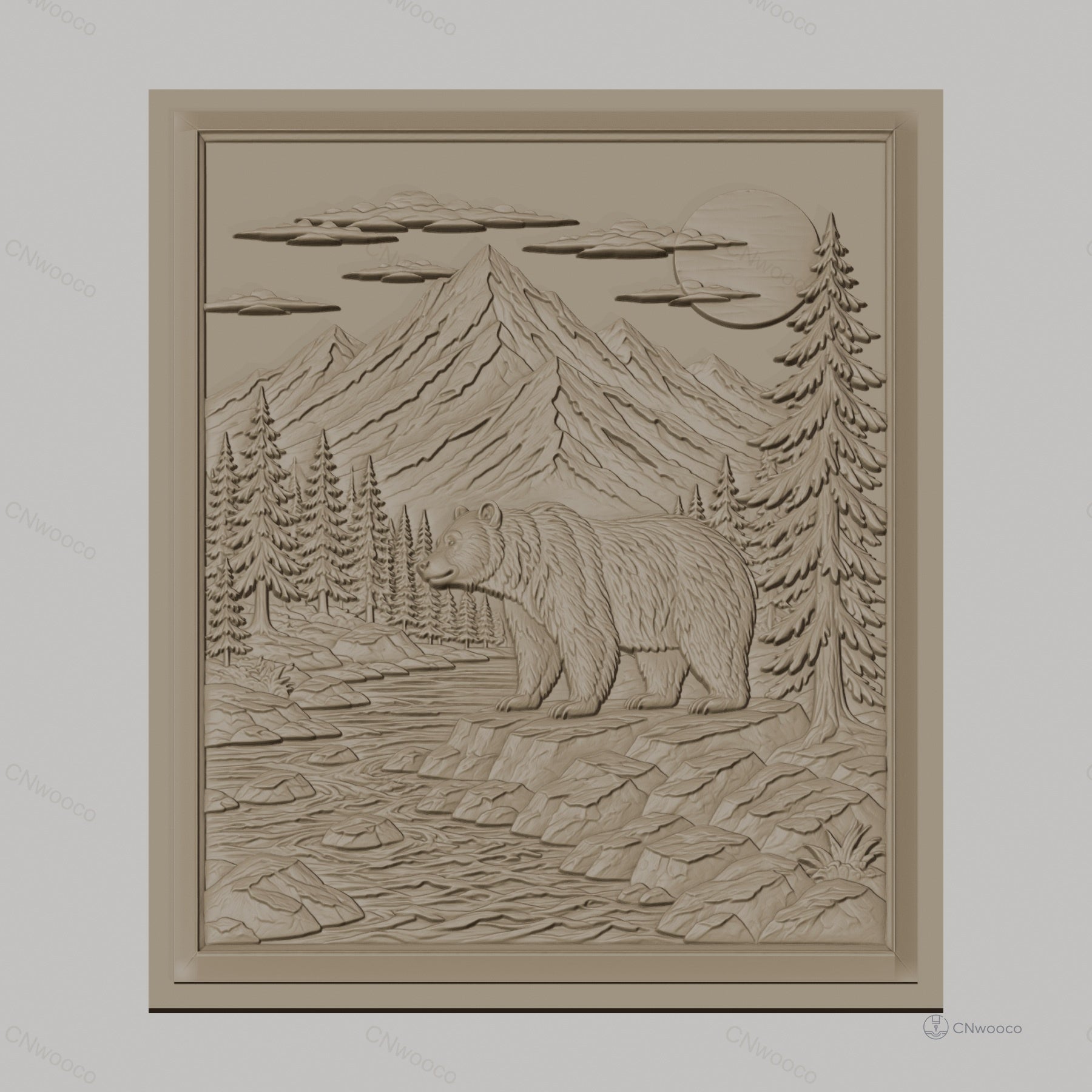 Fichier CNC & impression 3D nature sauvage, ours, rivière, montagnes, pins, haute qualité relief STL