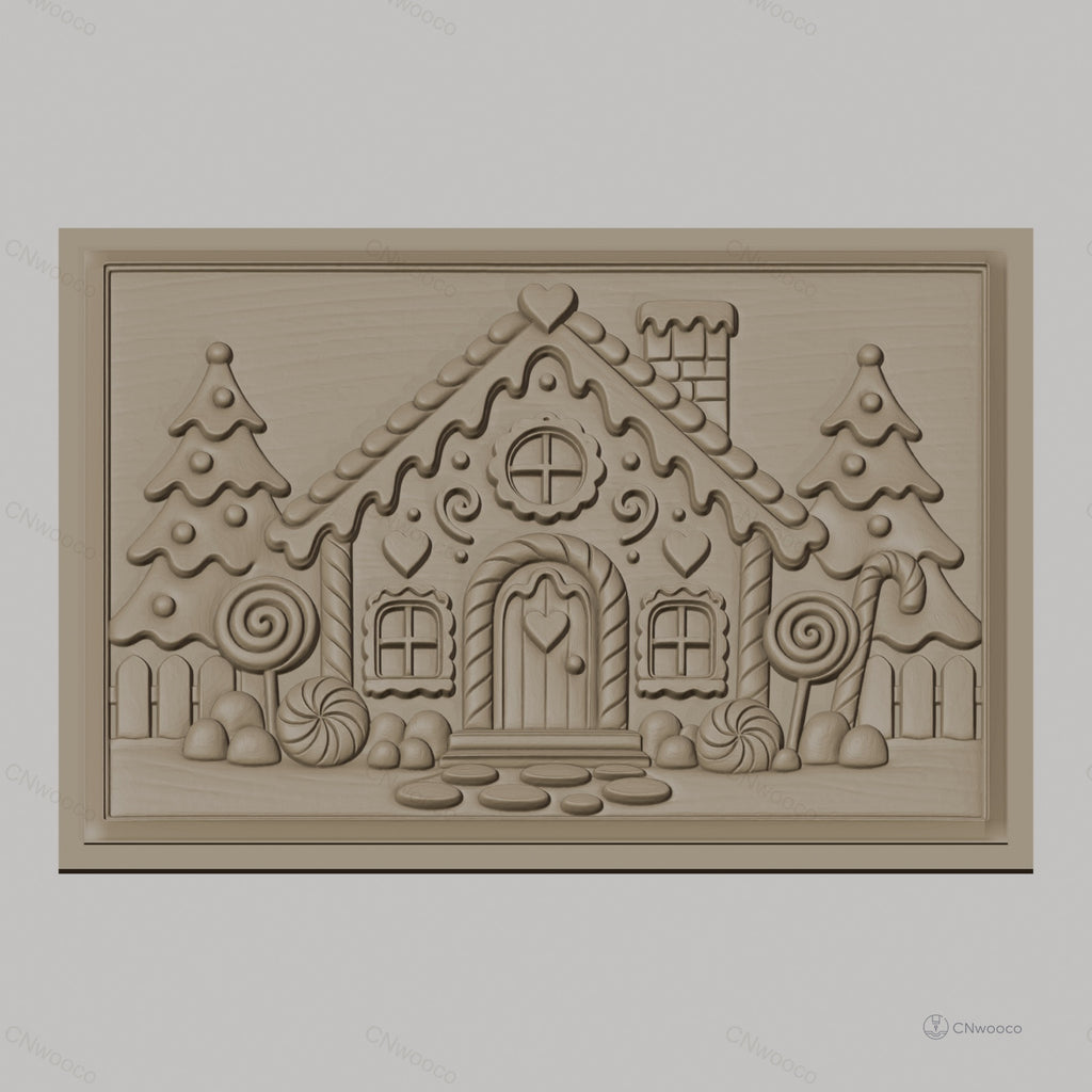 Fichier CNC & impression 3D Maison en pain d'épices, sapins, bonbons et cheminée, haute qualité relief STL