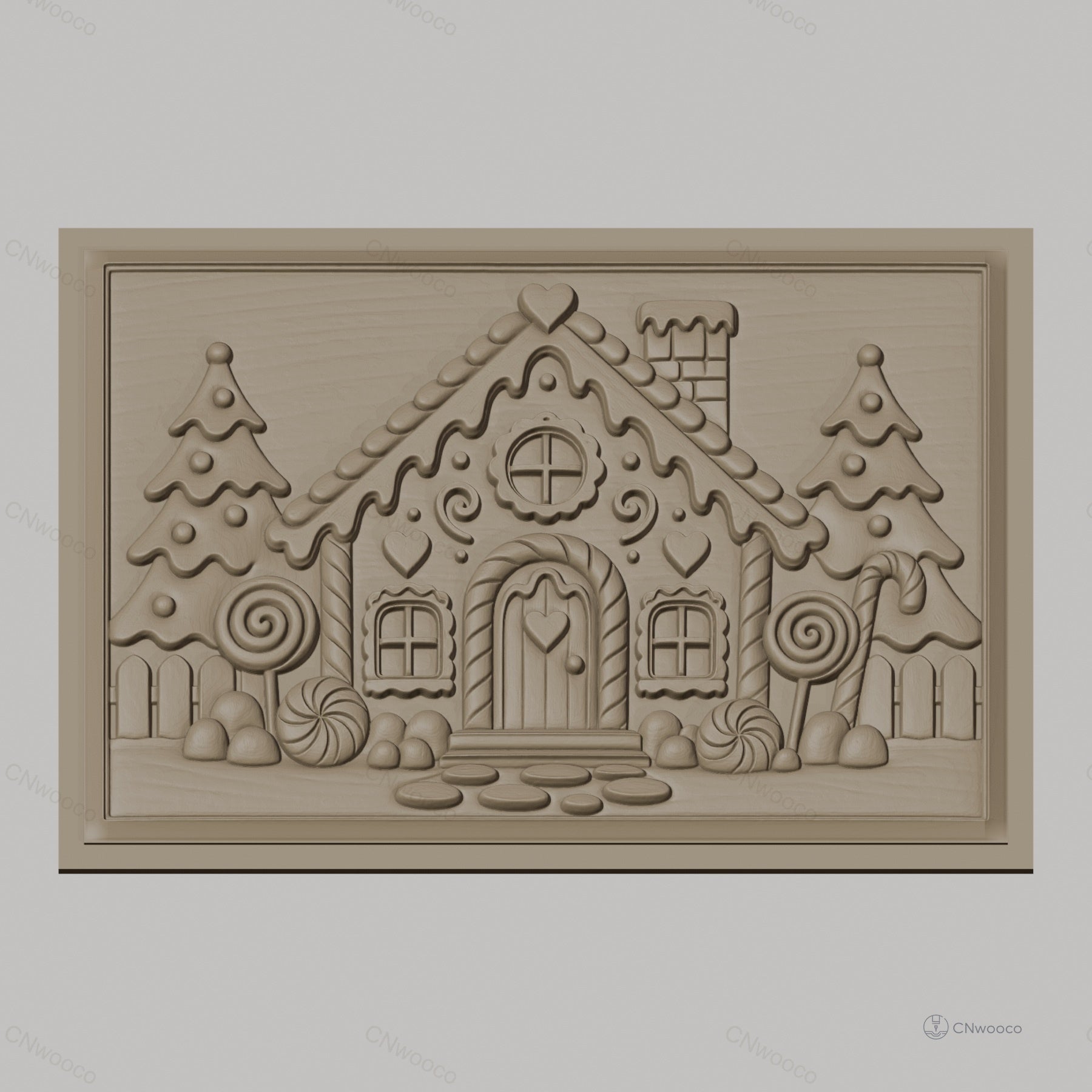Fichier CNC & impression 3D Maison en pain d'épices, sapins, bonbons et cheminée, haute qualité relief STL
