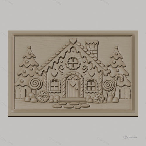 Fichier CNC & impression 3D Maison en pain d'épices, sapins, bonbons et cheminée, haute qualité relief STL