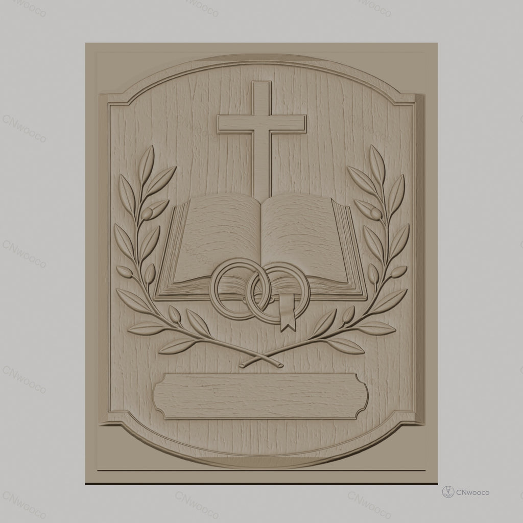 Fichier CNC & impression 3D thème mariage, croix, livre ouvert, anneaux, branches d'olivier, haute qualité relief STL