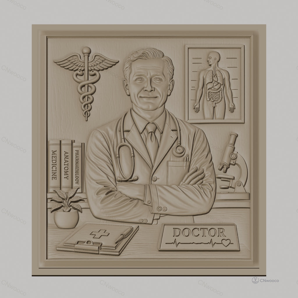 Fichier CNC & impression 3D relief médecin, docteur avec stéthoscope et symbole médical, haute qualité relief STL