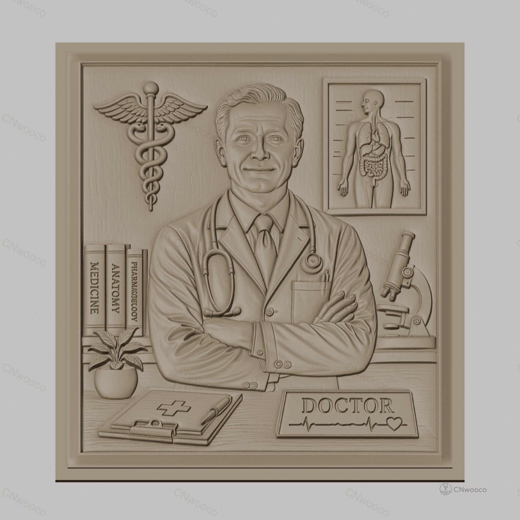 Fichier CNC & impression 3D relief médecin, docteur avec stéthoscope et symbole médical, haute qualité relief STL