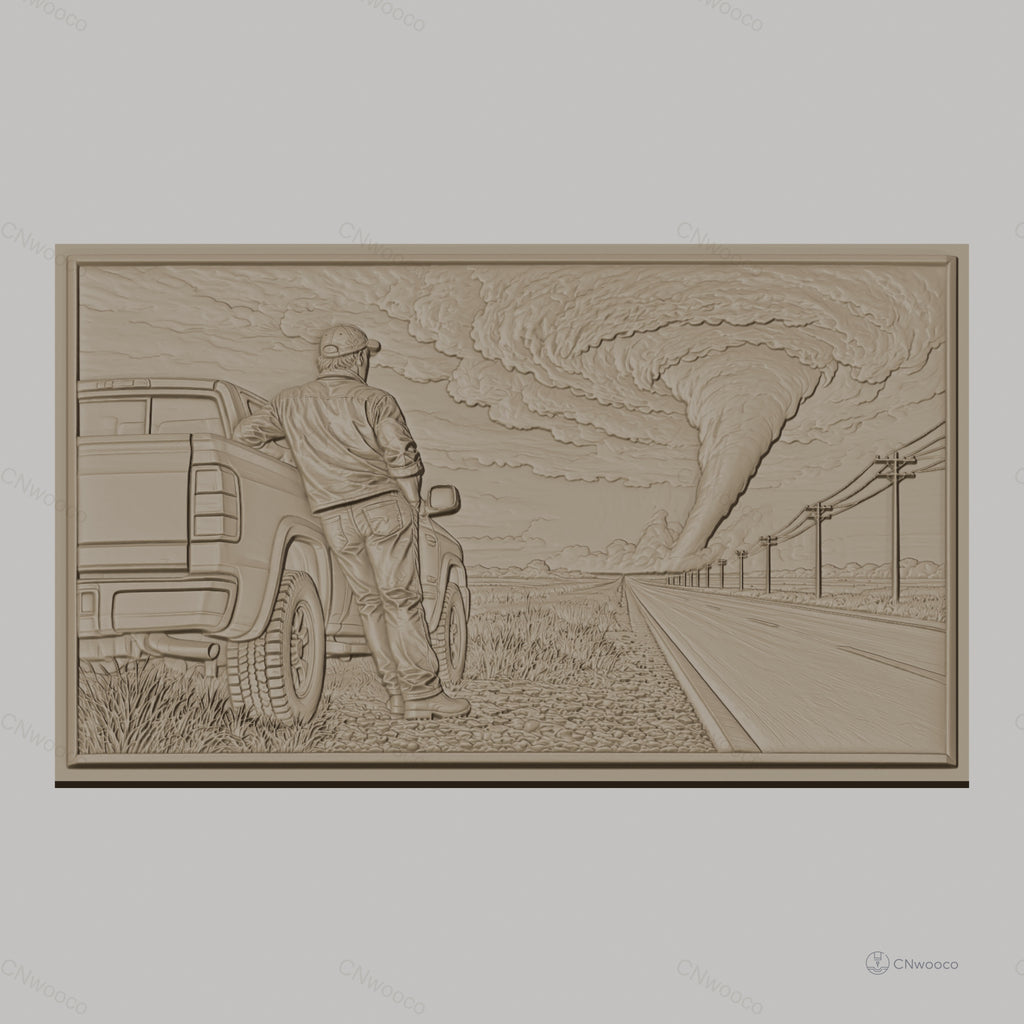 Fichier CNC & impression 3D Tornade, homme et camion sur la route, haute qualité relief STL