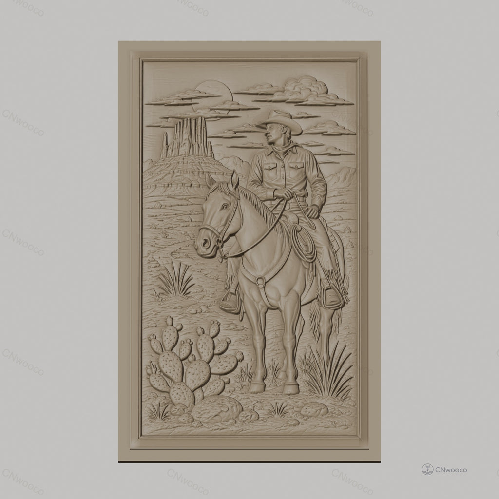 Fichier CNC & impression 3D cowboy à cheval désert cactus haute qualité relief STL