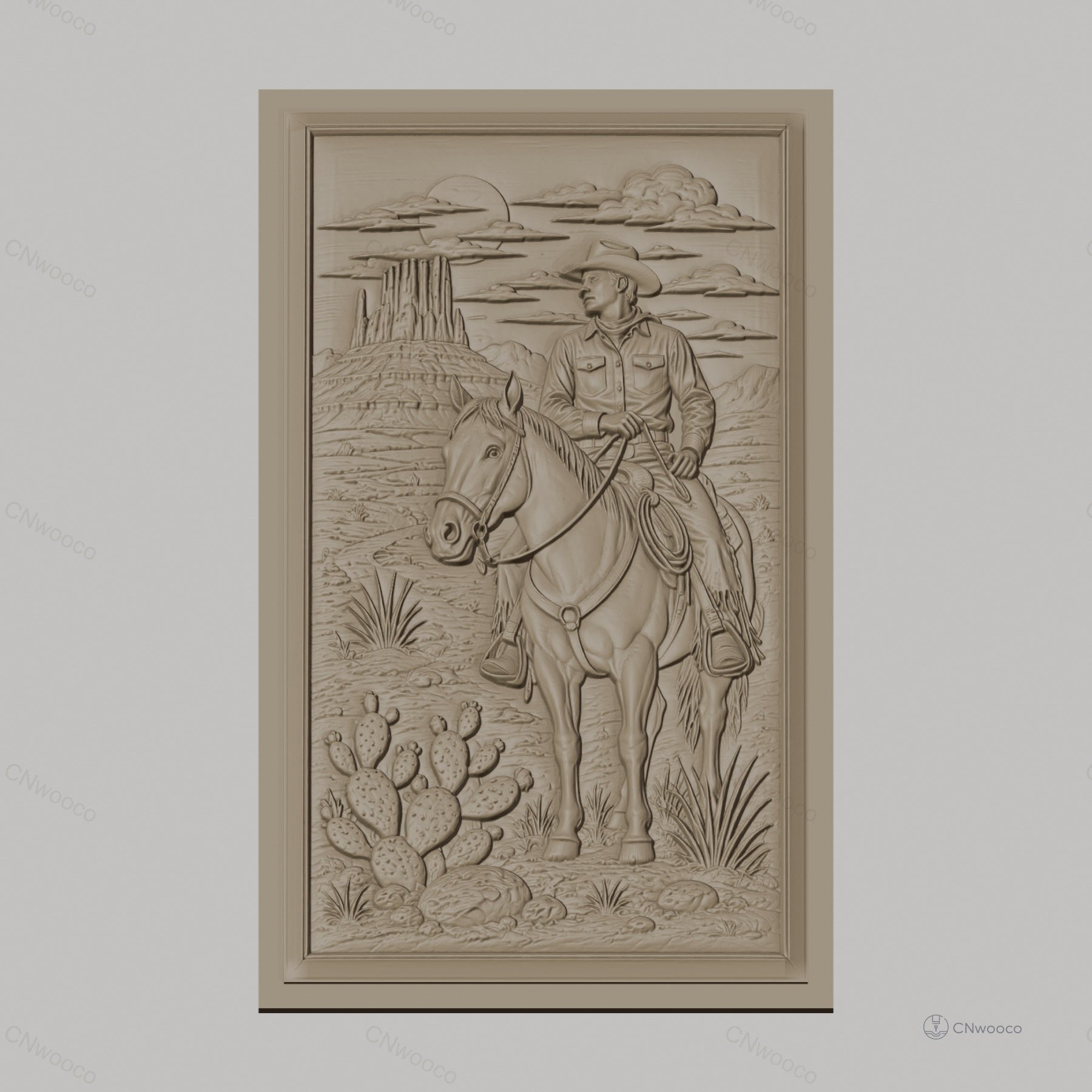 Fichier CNC & impression 3D cowboy à cheval désert cactus haute qualité relief STL