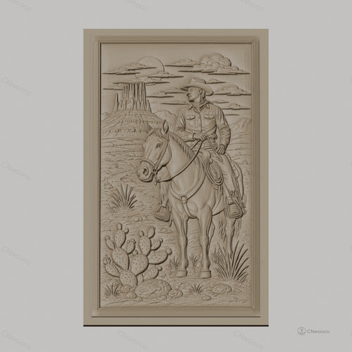 Fichier CNC & impression 3D cowboy à cheval désert cactus haute qualité relief STL