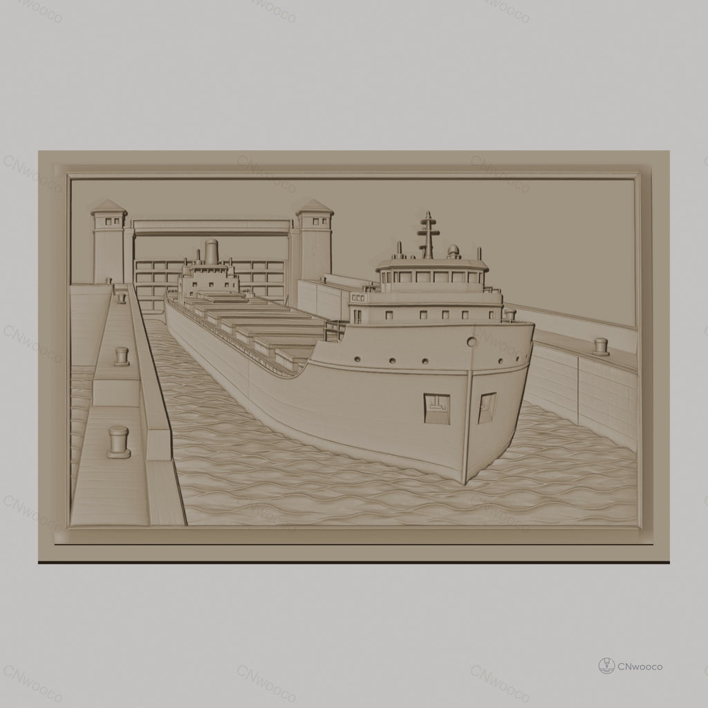 Fichier CNC & impression 3D bateau dans écluse maritime, détail de navire et eau, haute qualité relief STL