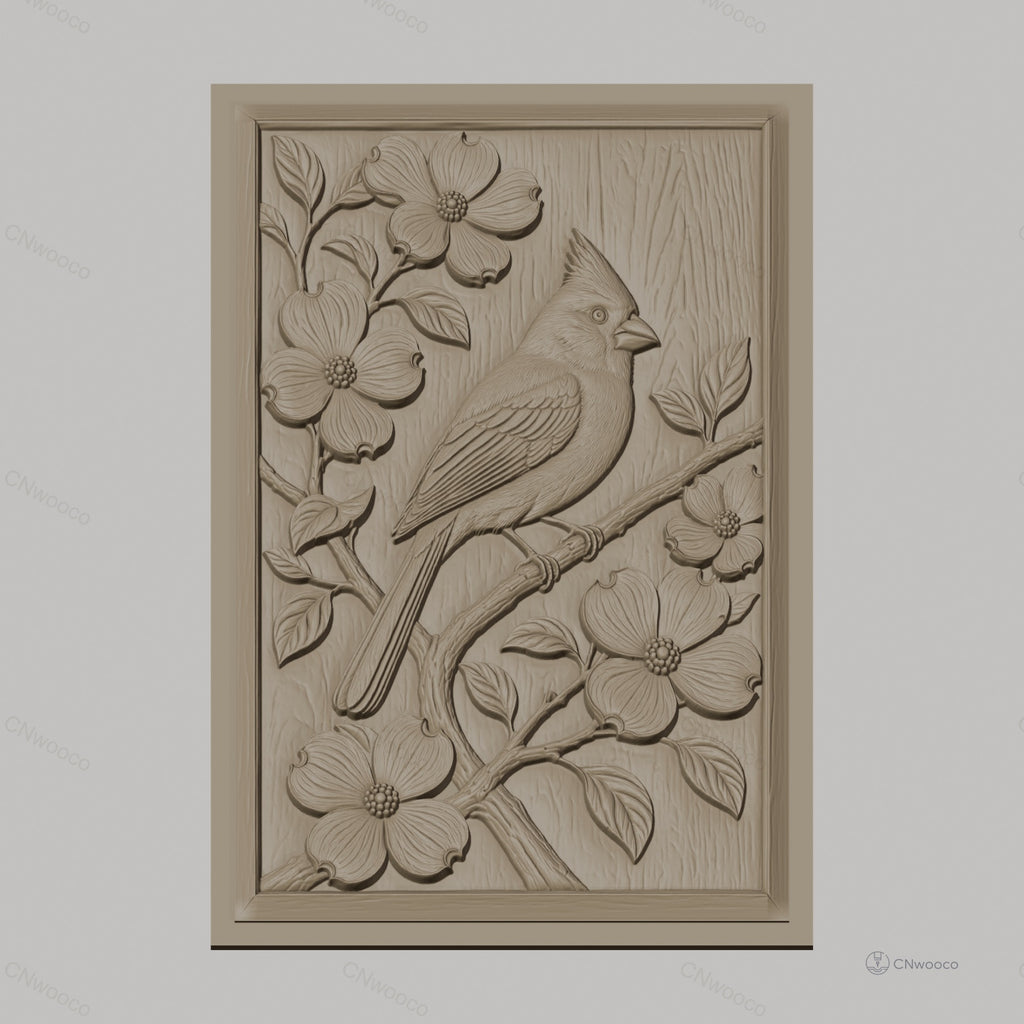 Fichier CNC & impression 3D oiseau cardinal sur branche fleurie, détails nature haute qualité relief STL