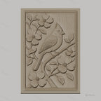 Fichier CNC & impression 3D oiseau cardinal sur branche fleurie, détails nature haute qualité relief STL