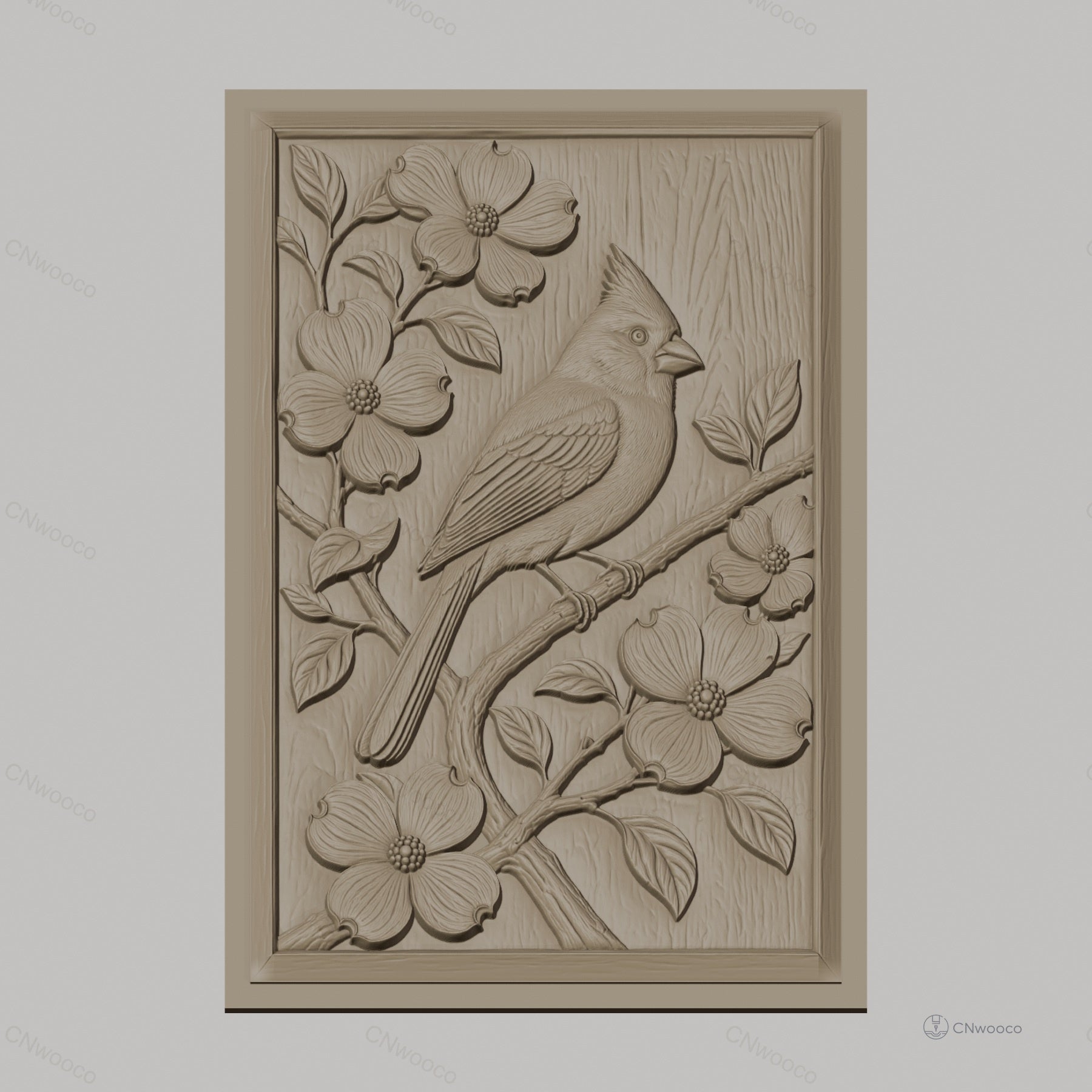 Fichier CNC & impression 3D oiseau cardinal sur branche fleurie, détails nature haute qualité relief STL