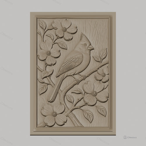 Fichier CNC & impression 3D oiseau cardinal sur branche fleurie, détails nature haute qualité relief STL