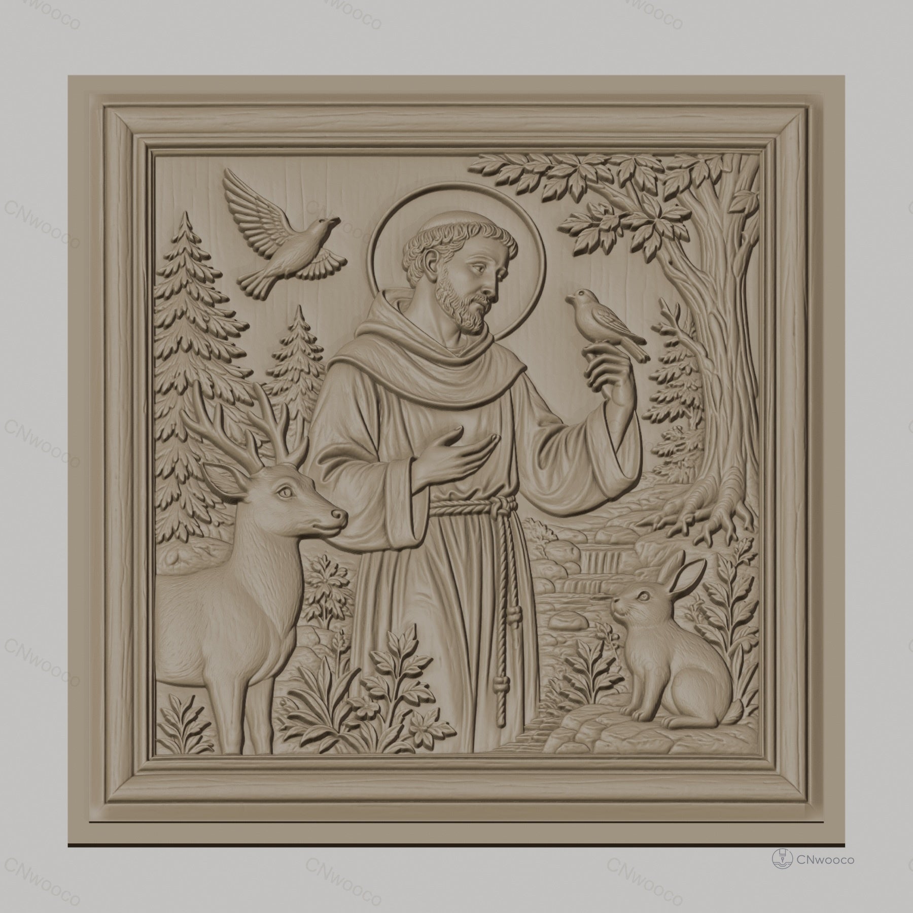 Fichier CNC & impression 3D saint François avec animaux, cerf oiseaux et lapin, haute qualité relief STL