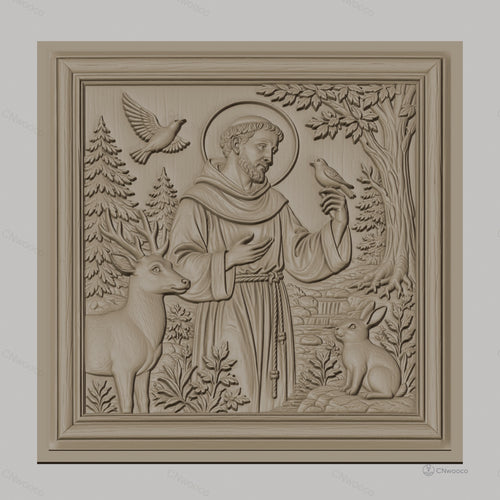 Fichier CNC & impression 3D saint François avec animaux, cerf oiseaux et lapin, haute qualité relief STL