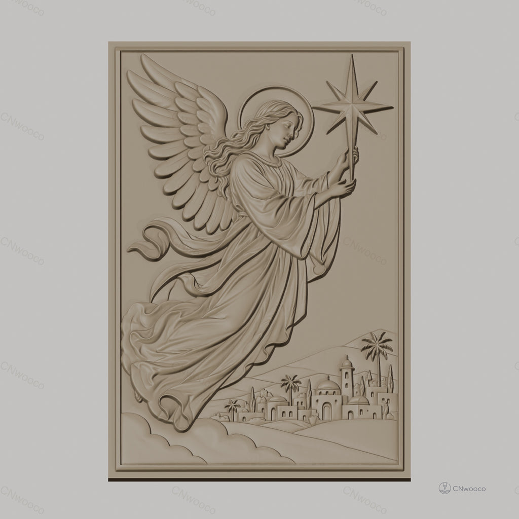 Fichier CNC & impression 3D ange avec étoile et village, haute qualité relief STL