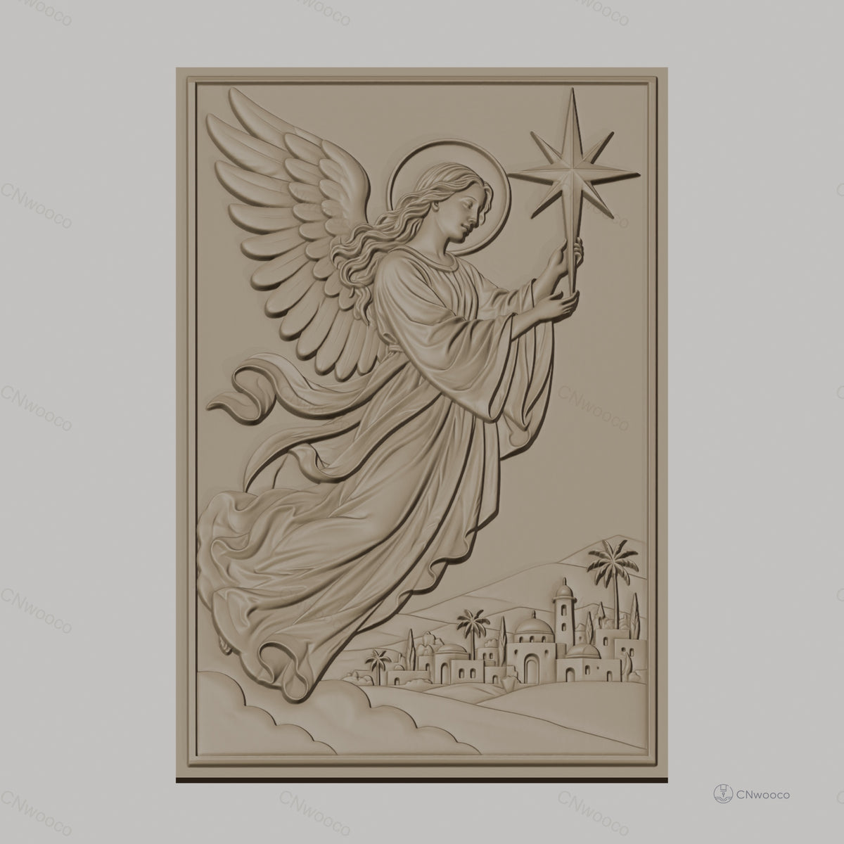 Fichier CNC & impression 3D ange avec étoile et village, haute qualité relief STL