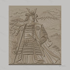 Fichier CNC & impression 3D samouraï japonais, relief avec guerrier, montagne et château, haute qualité relief STL
