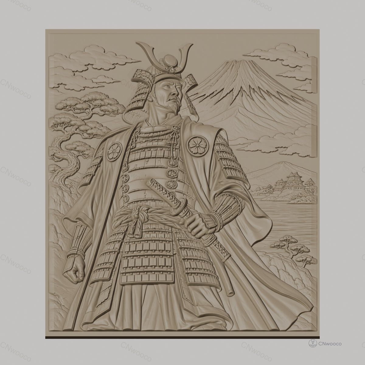 Fichier CNC & impression 3D samouraï japonais, relief avec guerrier, montagne et château, haute qualité relief STL