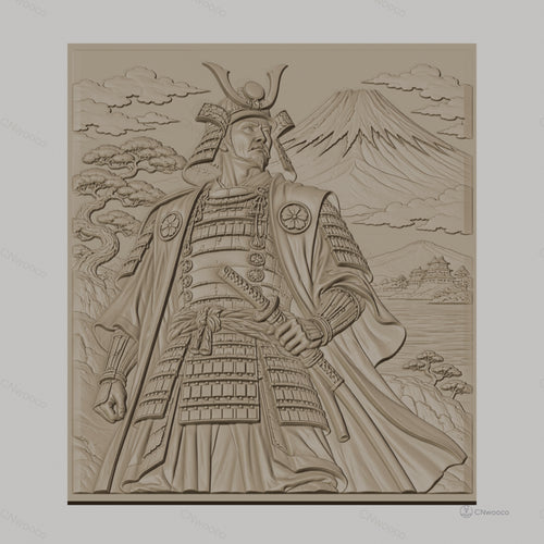 Fichier CNC & impression 3D samouraï japonais, relief avec guerrier, montagne et château, haute qualité relief STL