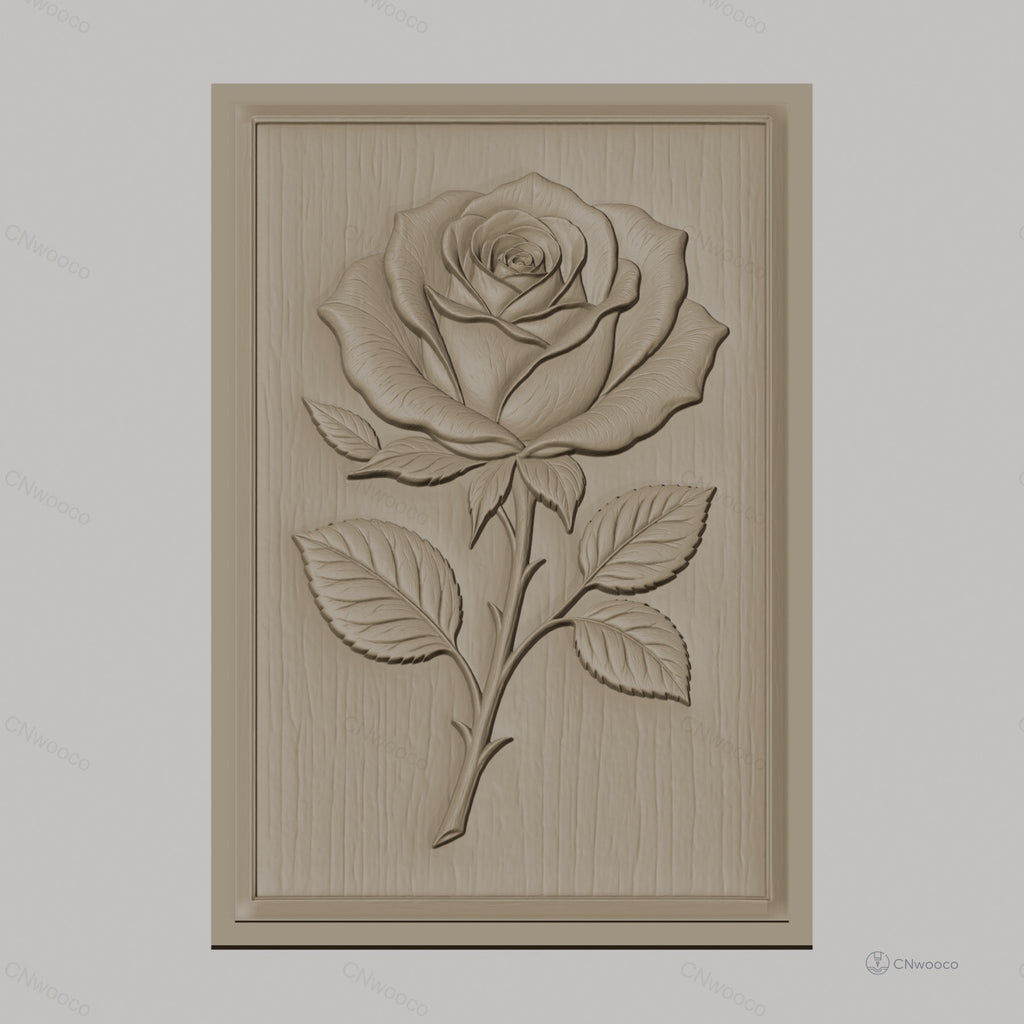 Fichier CNC & impression 3D rose avec feuilles relief naturel, haute qualité relief STL