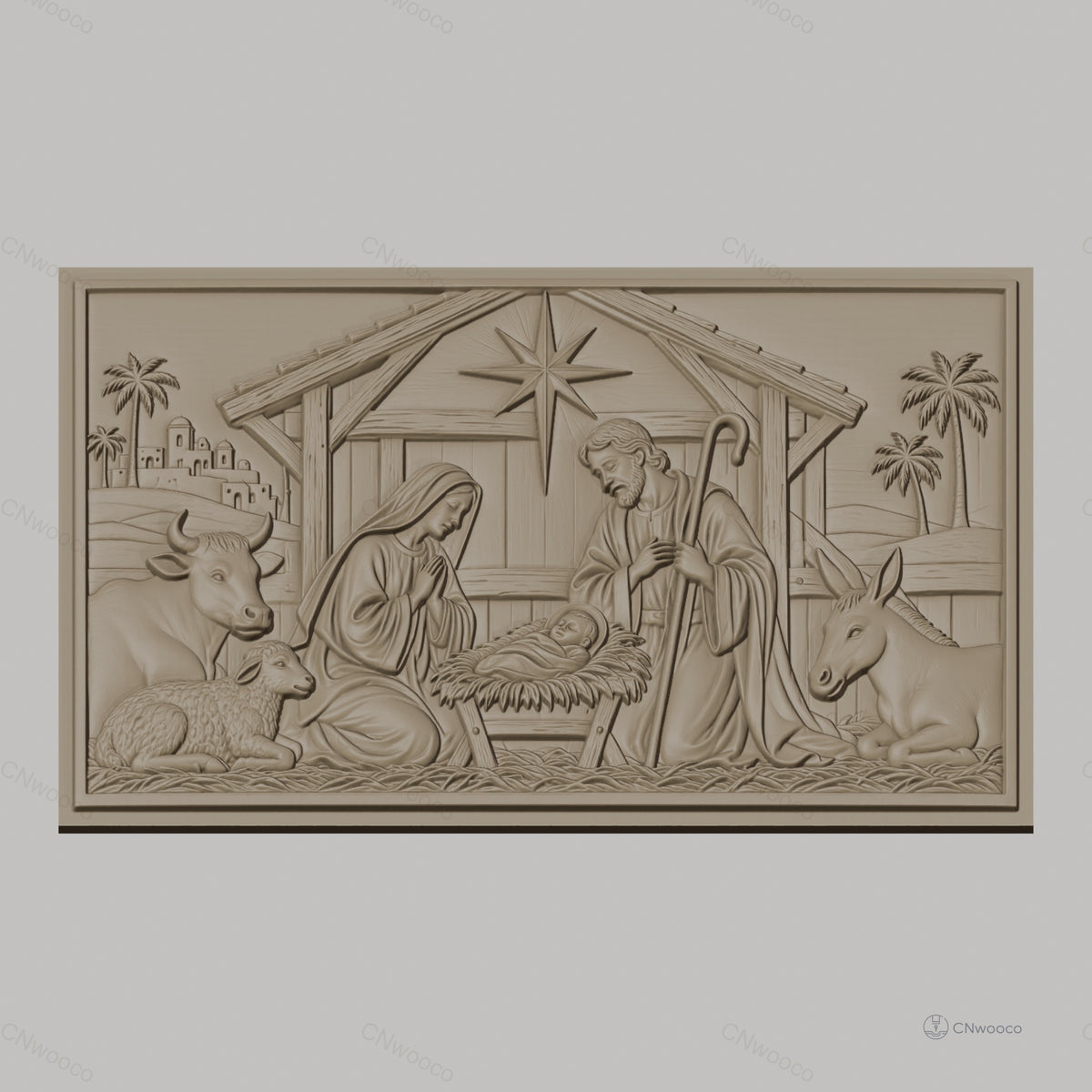 Fichier CNC & impression 3D scène de la nativité, Marie Joseph Jésus crèche animaux, haute qualité relief STL
