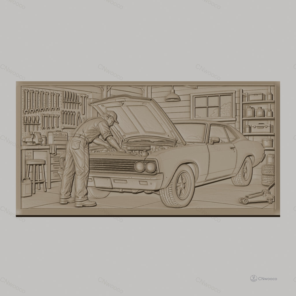 Fichier CNC & impression 3D réparation voiture ancienne, mécanicien dans garage, outils et voiture muscle car, haute qualité relief STL