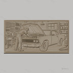 Fichier CNC & impression 3D réparation voiture ancienne, mécanicien dans garage, outils et voiture muscle car, haute qualité relief STL