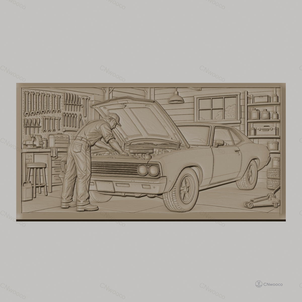 Fichier CNC & impression 3D réparation voiture ancienne, mécanicien dans garage, outils et voiture muscle car, haute qualité relief STL