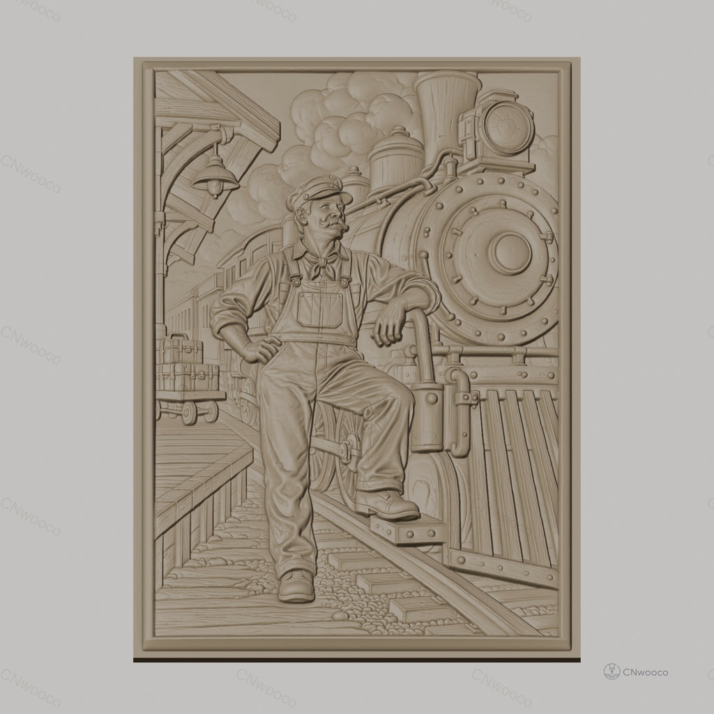 Fichier CNC & impression 3D chef de train, locomotive vapeur, quai, valises, haute qualité relief STL