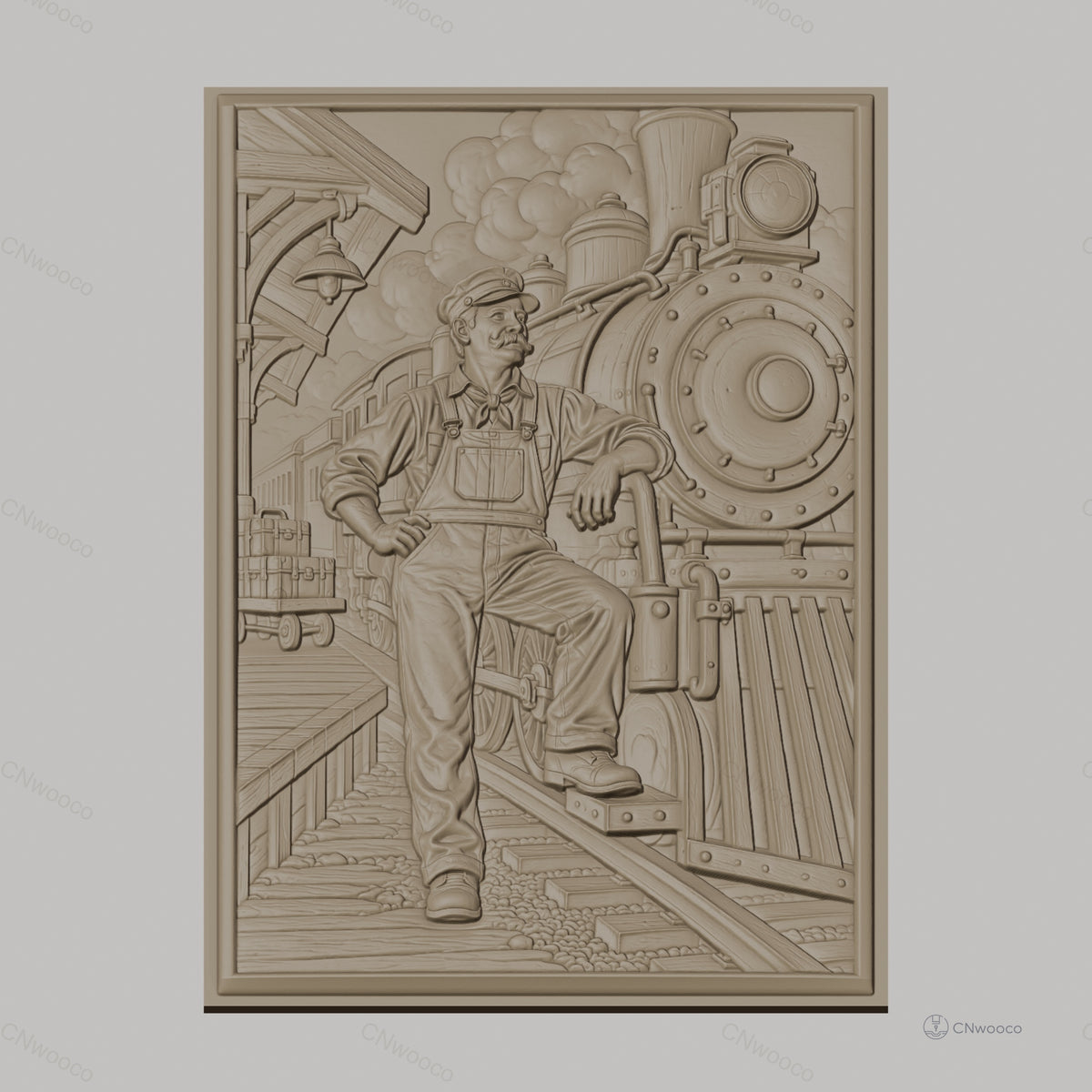Fichier CNC & impression 3D chef de train, locomotive vapeur, quai, valises, haute qualité relief STL