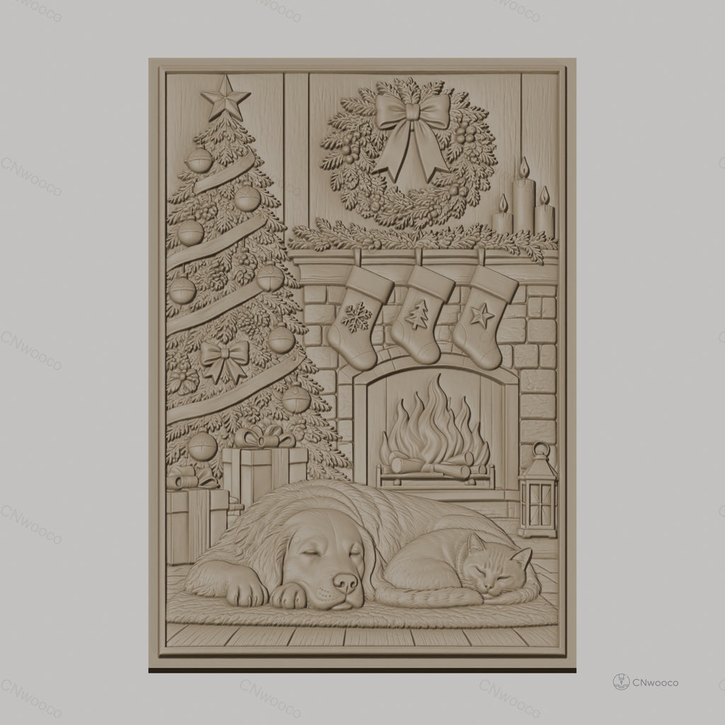Fichier CNC & impression 3D thème de Noël, chien et chat devant cheminée avec sapin, haute qualité relief STL