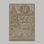 Fichier CNC & impression 3D thème de Noël, chien et chat devant cheminée avec sapin, haute qualité relief STL